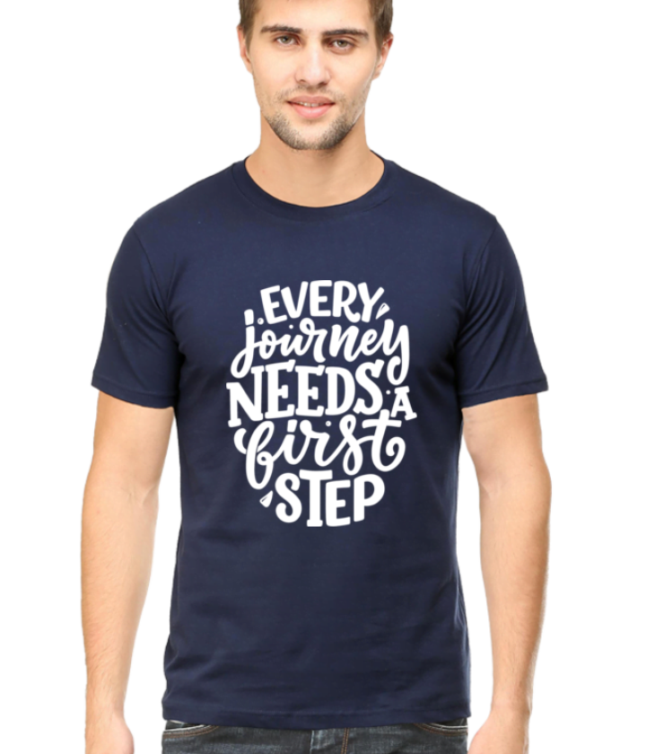 Every journey needs a first step navy blue round neck half sleeve classic t-shirt