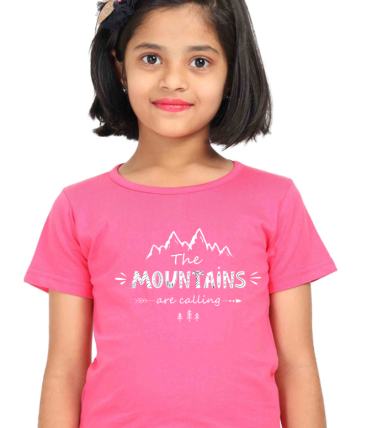 Mountains Are Calling Pink Girl Round Neck Half Sleeve Classic Tees