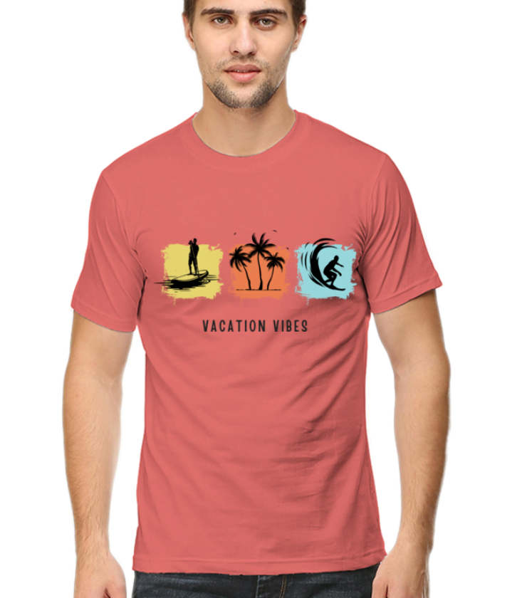 Vacation vibes coral male round neck half sleeve classic tees