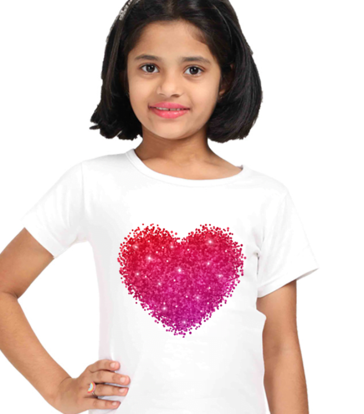 Heart Glitter White Girl Round Neck Half Sleeve Classic Tees