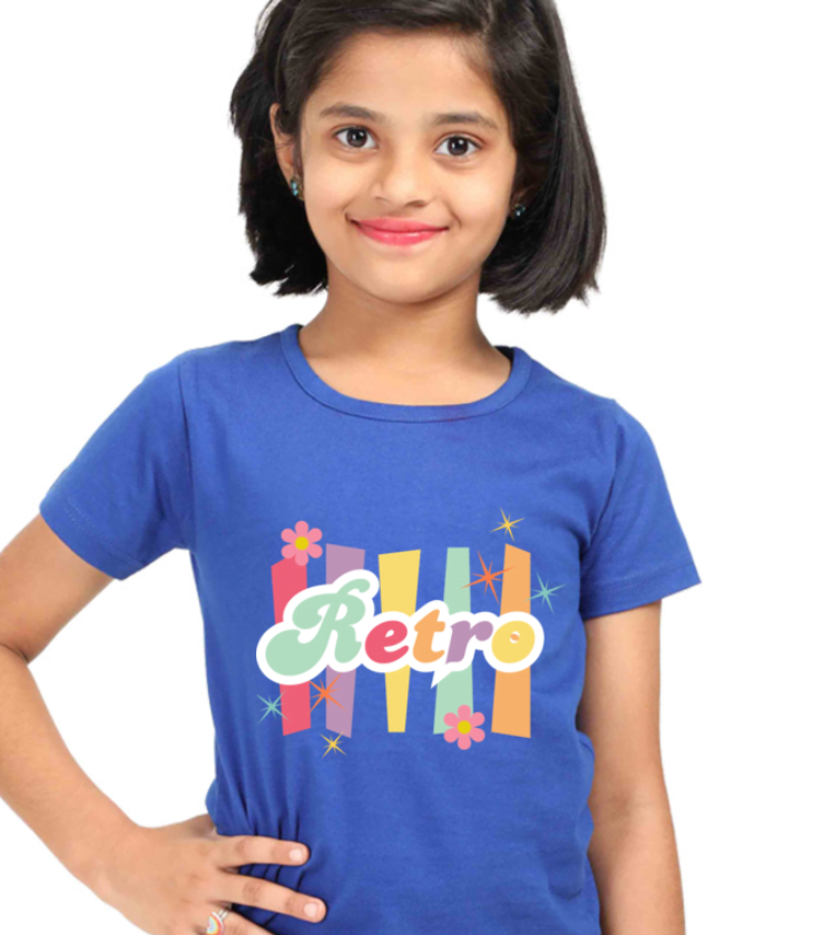 Retro Royal Blue Girl Round Neck Half Sleeve Classic Tees