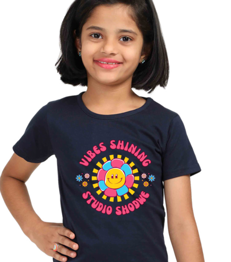 Vibes Shining Naveyblue Girl Round Neck Half Sleeve Classic Tees