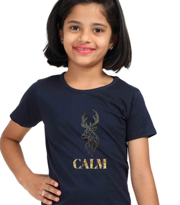 Calm Deer Navyblue Girl Round Neck Half Sleeve Classic Tees