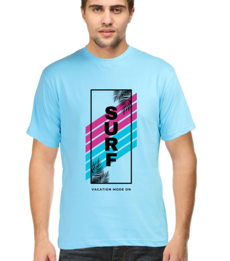 Surf vacation skyBlue male round neck half sleeve classic Tees