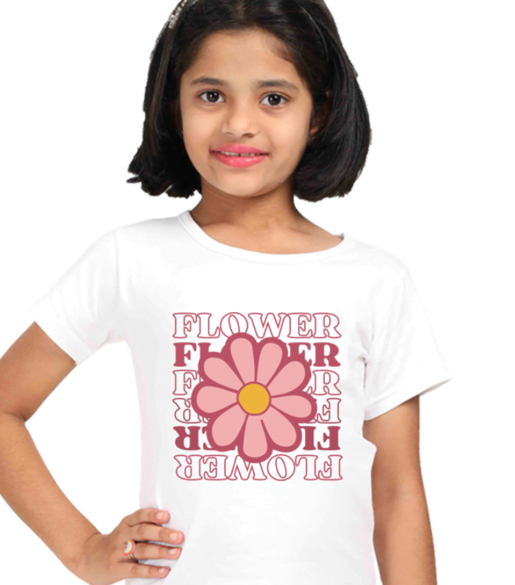 Playful Flower White Girl Round Neck Half Sleeve Classic Tees