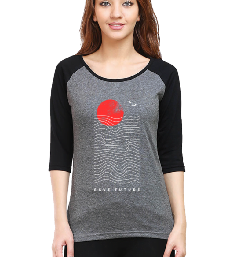 Save Future Black Charcoal Melange Female Raglan Full Sleeve Tees