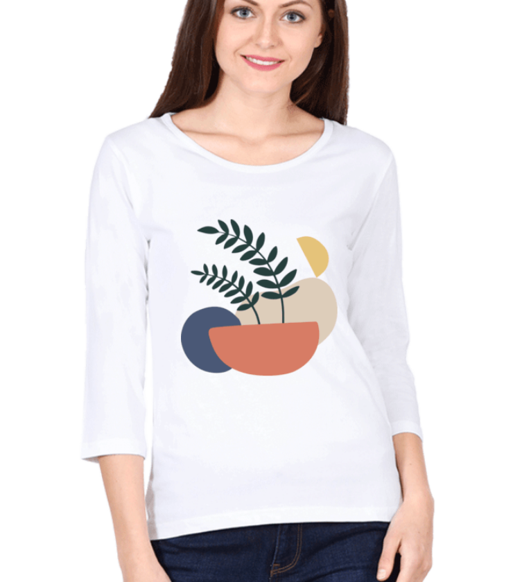 Abstract And Leaf White Female Round Neck Full Sleeve Tees