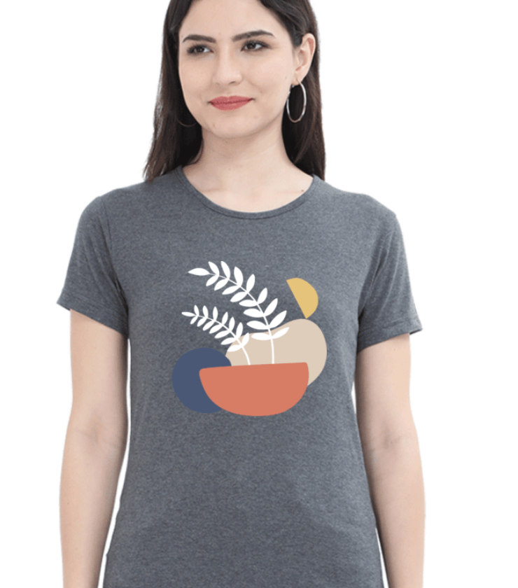 Beige_Abstract_And_Leaf Charcoal Melange Female Round Neck Half Sleeve Classic Tees