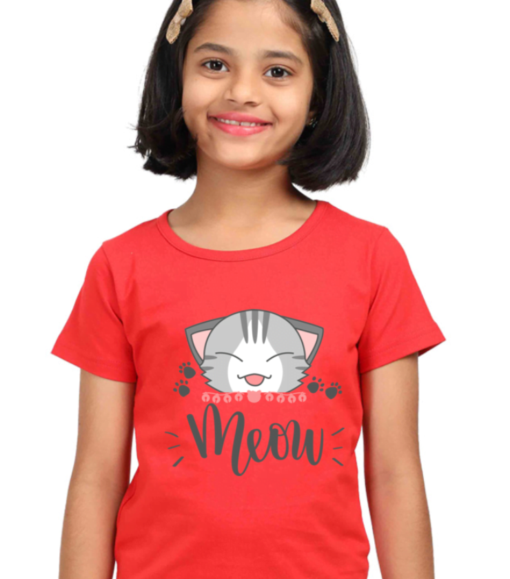 Meow Illustration Red Girl Round Neck Half Sleeve Classic Tees