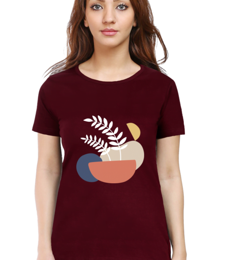 Beige_Abstract_And_Leaf Maroon Female Round Neck Half Sleeve Classic Tees