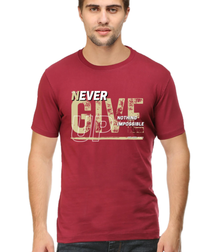Never giveup male round neck half sleeve classic maroon Tess