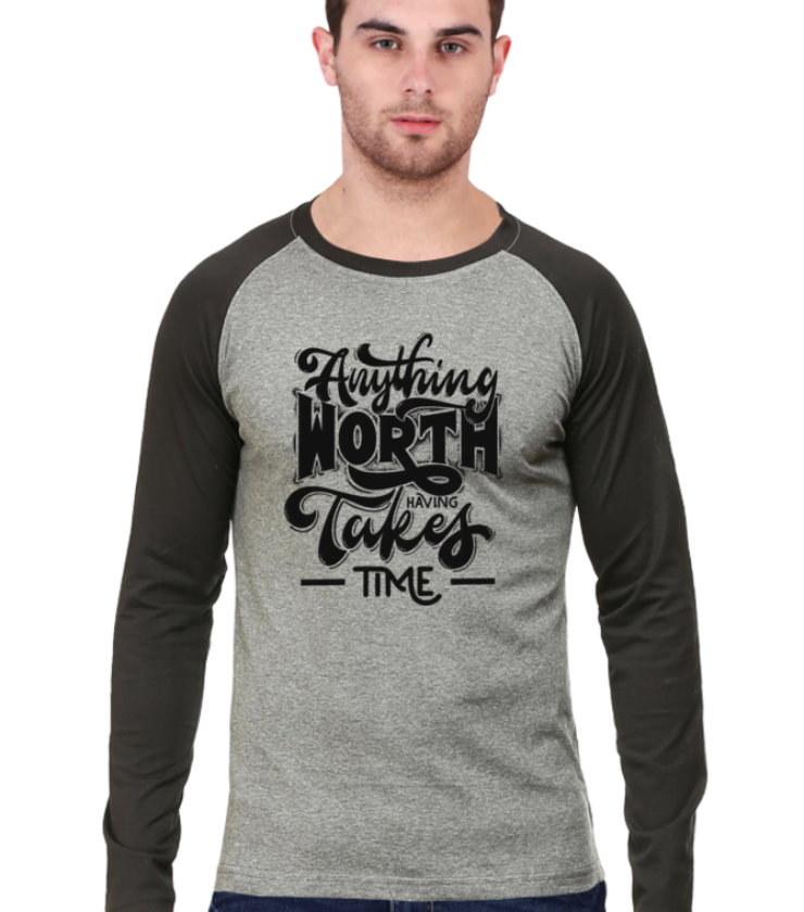 Anything Worth Black Charcoal Melange Male Raglan Full Sleeve Tees