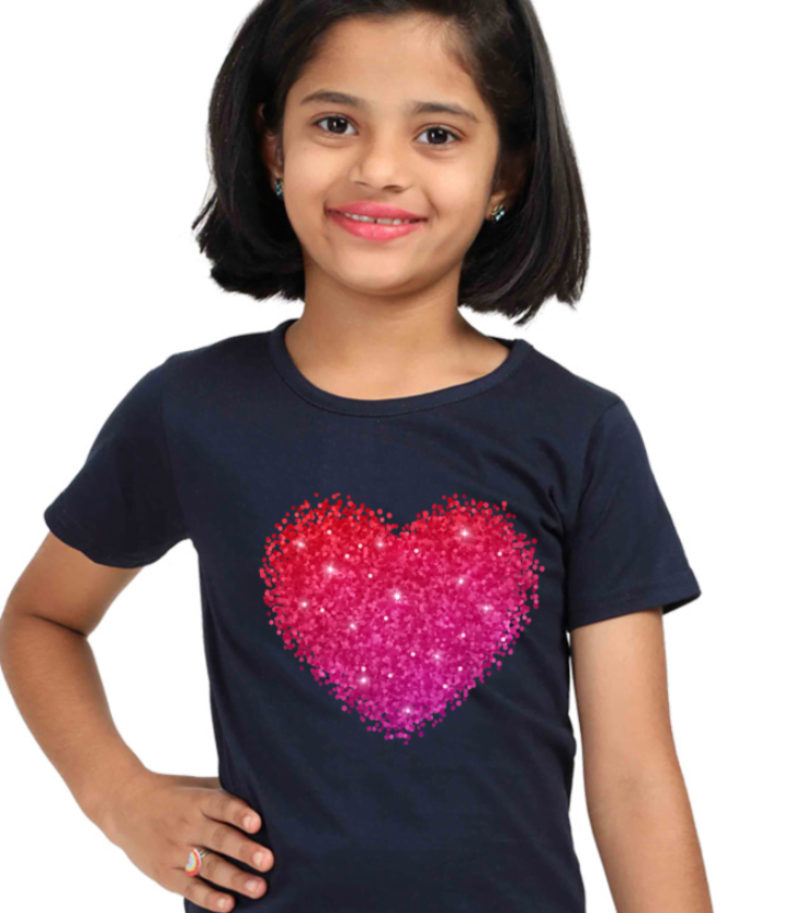 Heart Glitter Navy Blue Girl Round Neck Half Sleeve Classic Tees