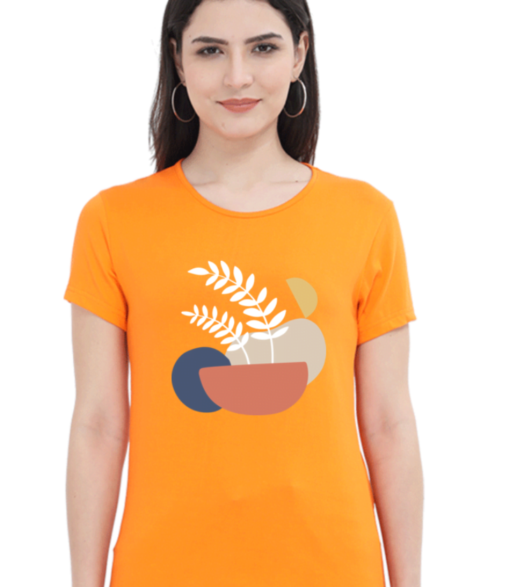 Beige_Abstract_And_Leaf orange Female Round Neck Half Sleeve Classic Tees