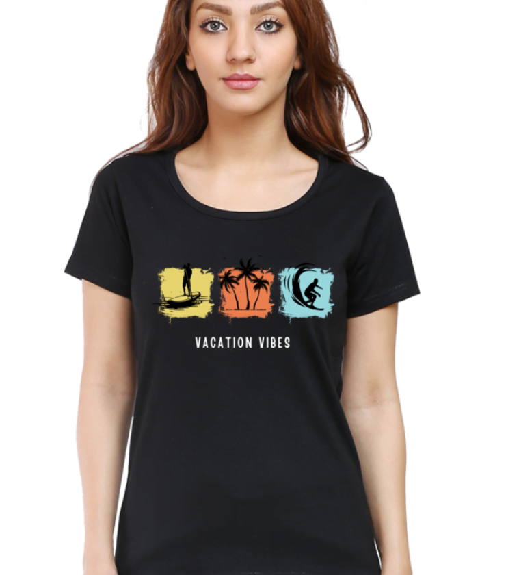 Vacation vibes white  Black Female Round Neck Half Sleeve Classic Tees