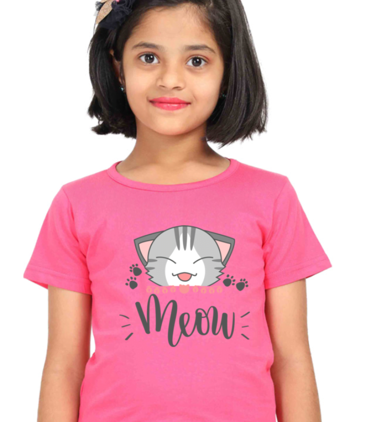 Meow Illustration Pink Girl Round Neck Half Sleeve Classic Tees