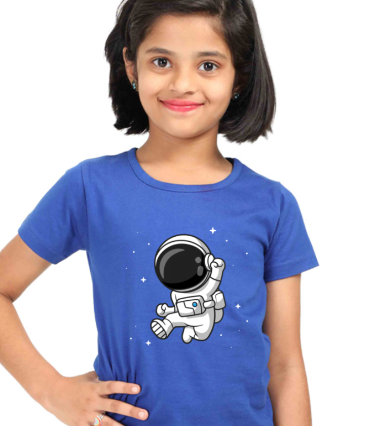 Jumping Astronaut Royal Blue Girl Round Neck Half Sleeve Classic Tees