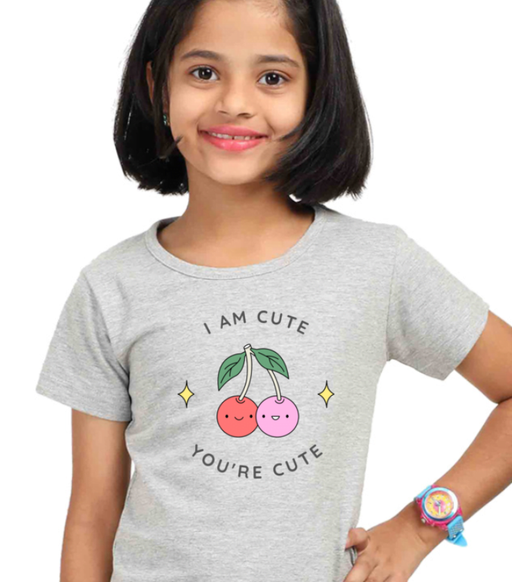 I Am Cute Grey Melange Girl Round Neck Half Sleeve Classic Tees