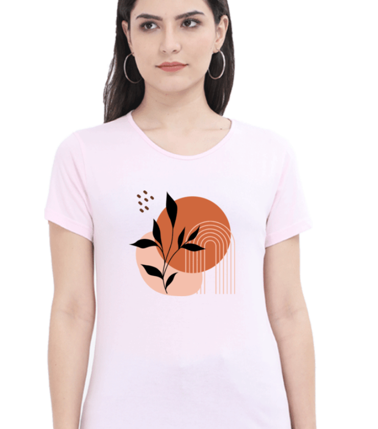 Orange Boho Leaf Light Baby Pink Female Round Neck Half Sleeve Classic Tees