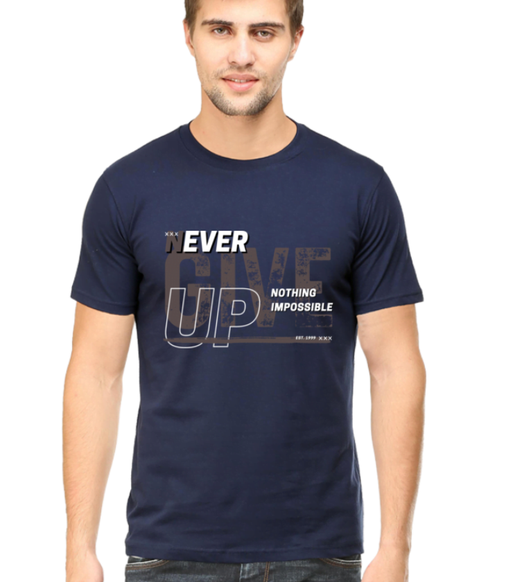 Never Giveup Navyblue Male Round Neck Half Sleeve Classic Tees