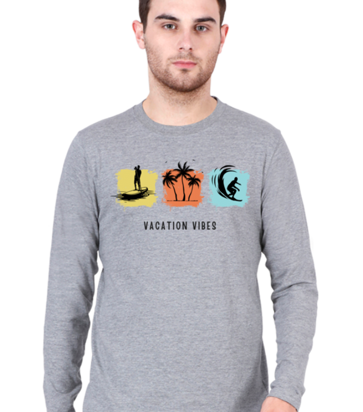 Vacation Vibes Grey Melange Male Round Neck Full Sleeve Tees