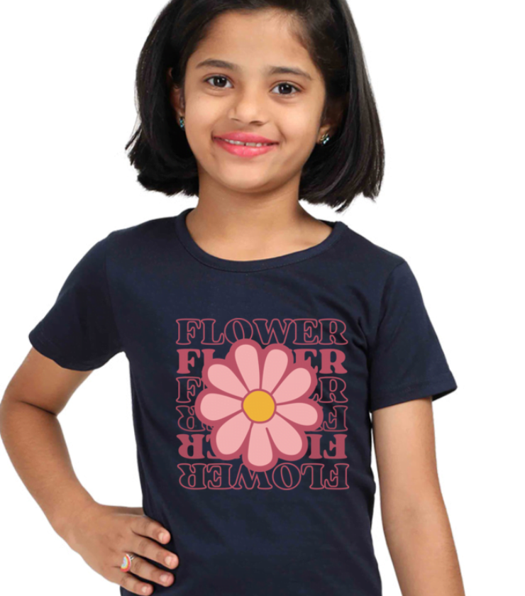 Playful Flower Navyblue Girl Round Neck Half Sleeve Classic Tees