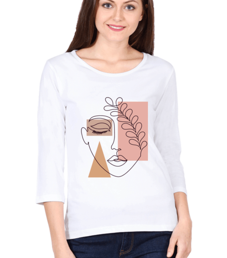 Cream Neutral Face White Female Round Neck Full Sleeve Tees