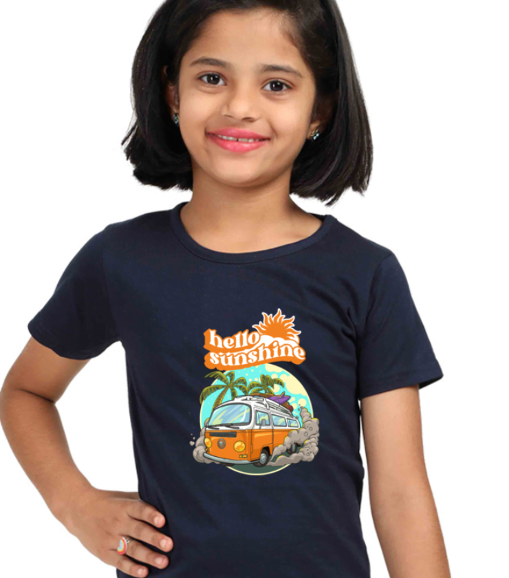 Hello Sunshine Navyblue Girl Round Neck Half Sleeve Classic Tees