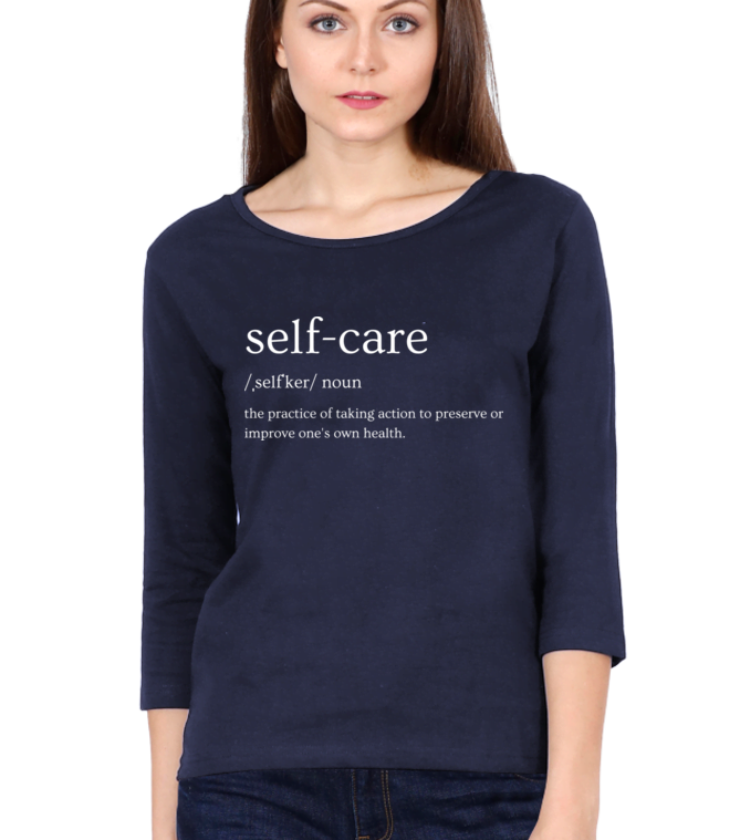 Self Care Navy Blue Female Round Neck Full Sleeve Tees
