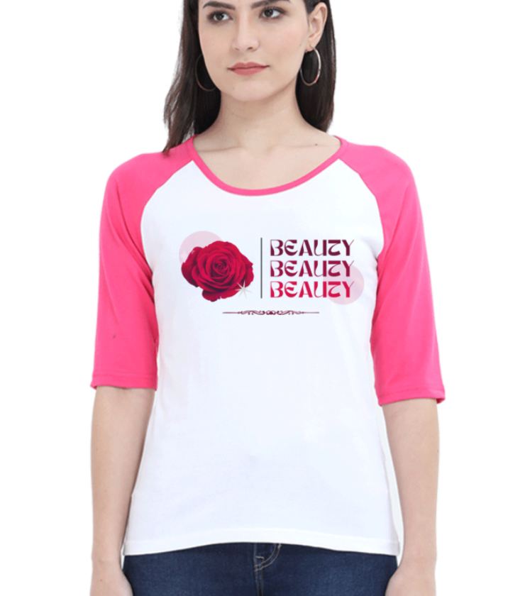 Beauty Rose Pink White Female Raglan Full Sleeve Tees