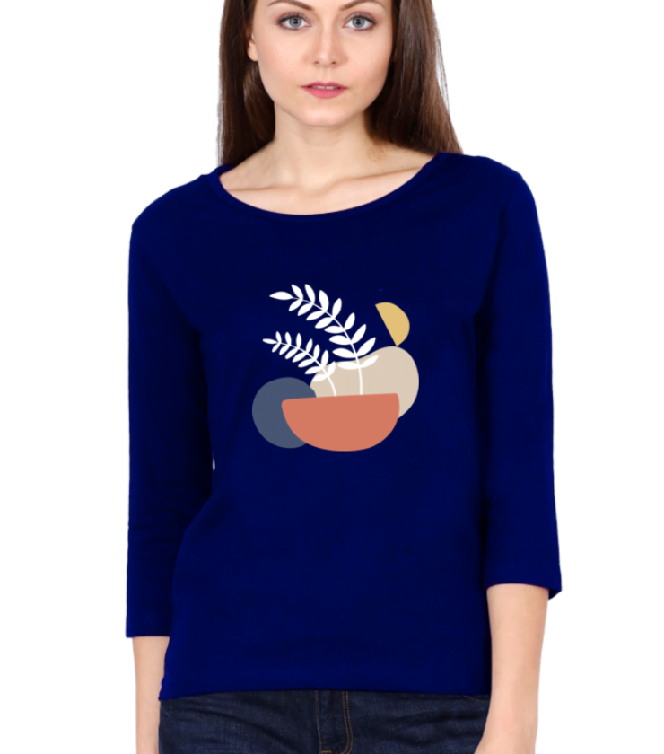Abstract And Leaf Royal Blue Female Round Neck Full Sleeve Tees