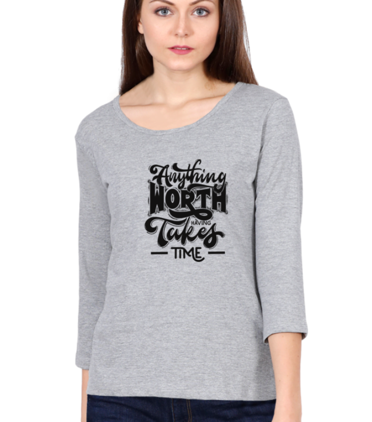 Any Thing Worth Grey Melange Female Round Neck Full Sleeve Tees