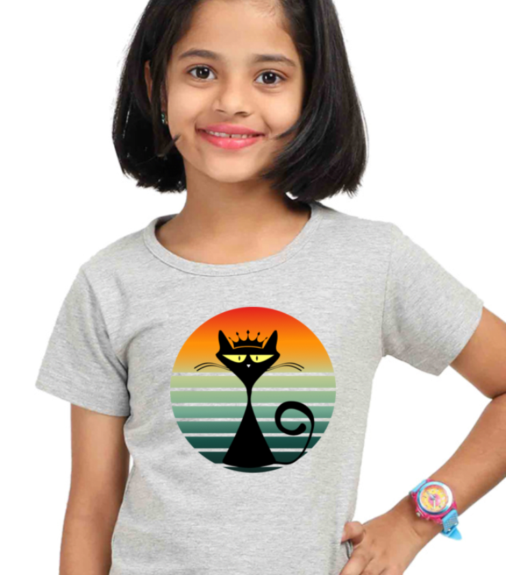 Orange Cat Grey Melange Girl Round Neck Half Sleeve Classic Tees
