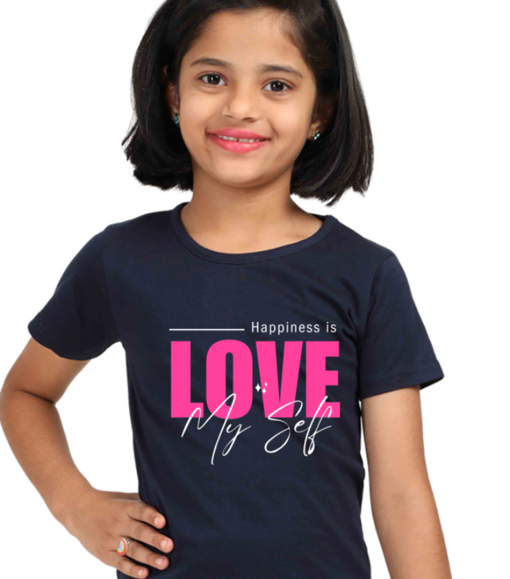 Love Myself Navyblue Girl Round Neck Half Sleeve Classic Tees