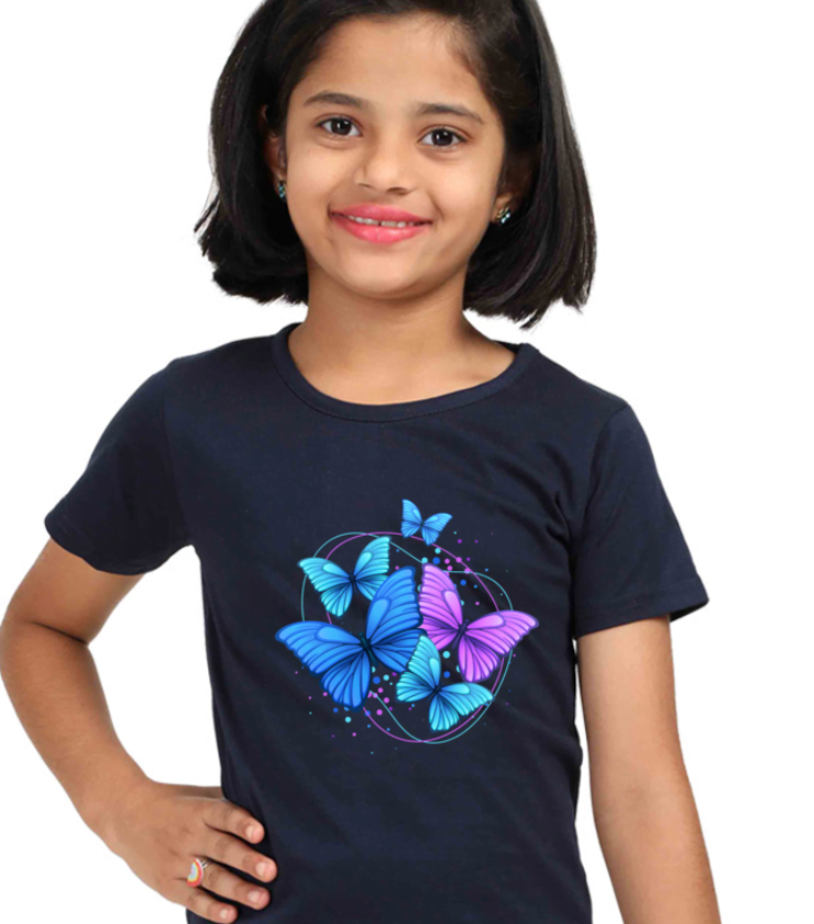 Butterflies Navyblue Girl Round Neck Half Sleeve Classic Tees