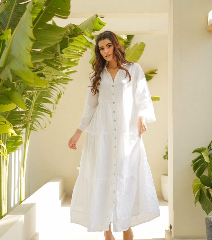 A1031 LINEN BLEND SOLID WHITE WESTERN MAXI DRESS